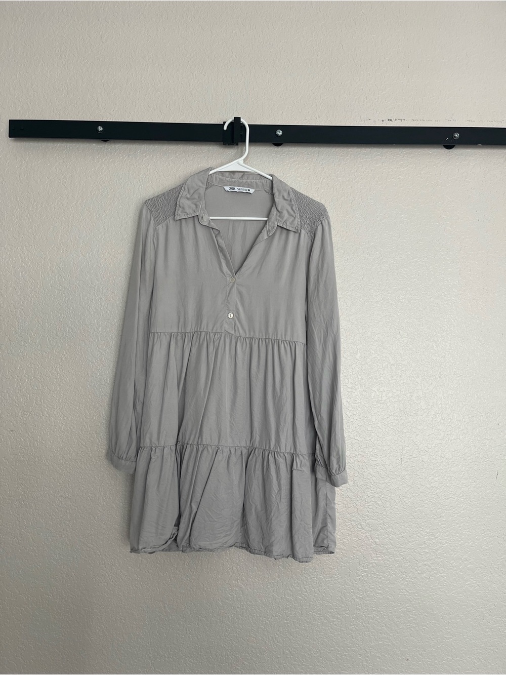 Zara Light Gray Long-Sleeve Tiered Shirt Dress
